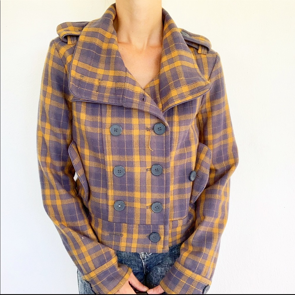 Hurley yellow blue wool plaid double breasted jacket size small